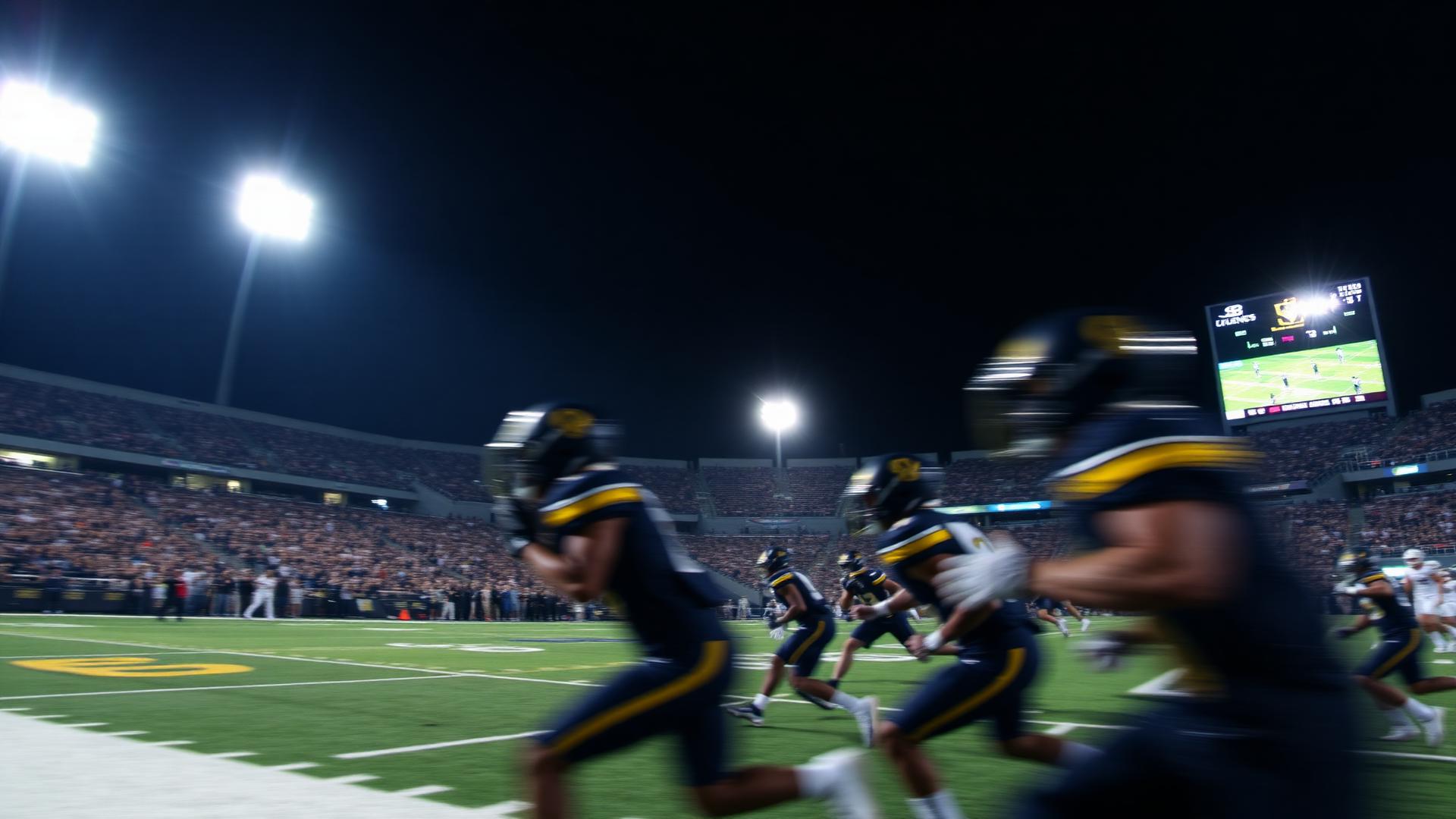 Collegiate athletes competing under stadium lights