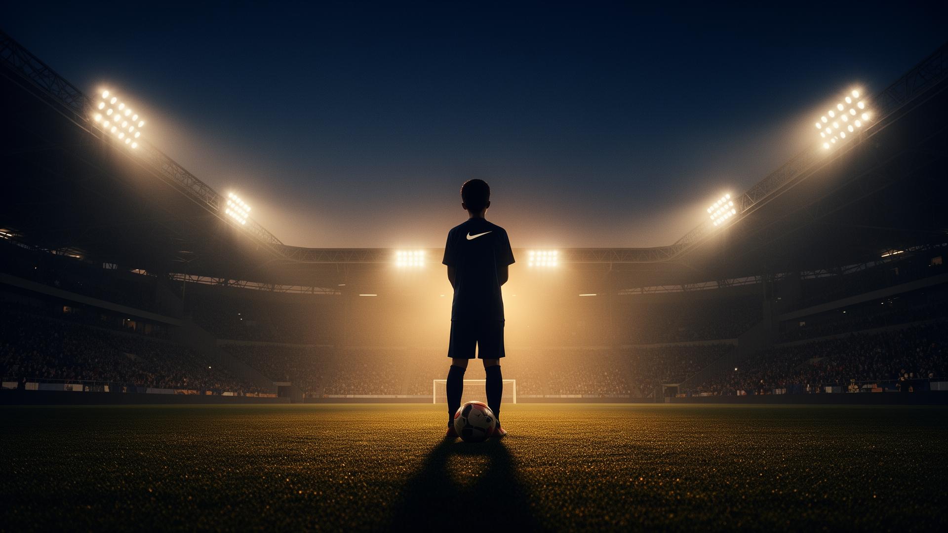 Young athlete under stadium lights, ball at feet, looking toward the future
