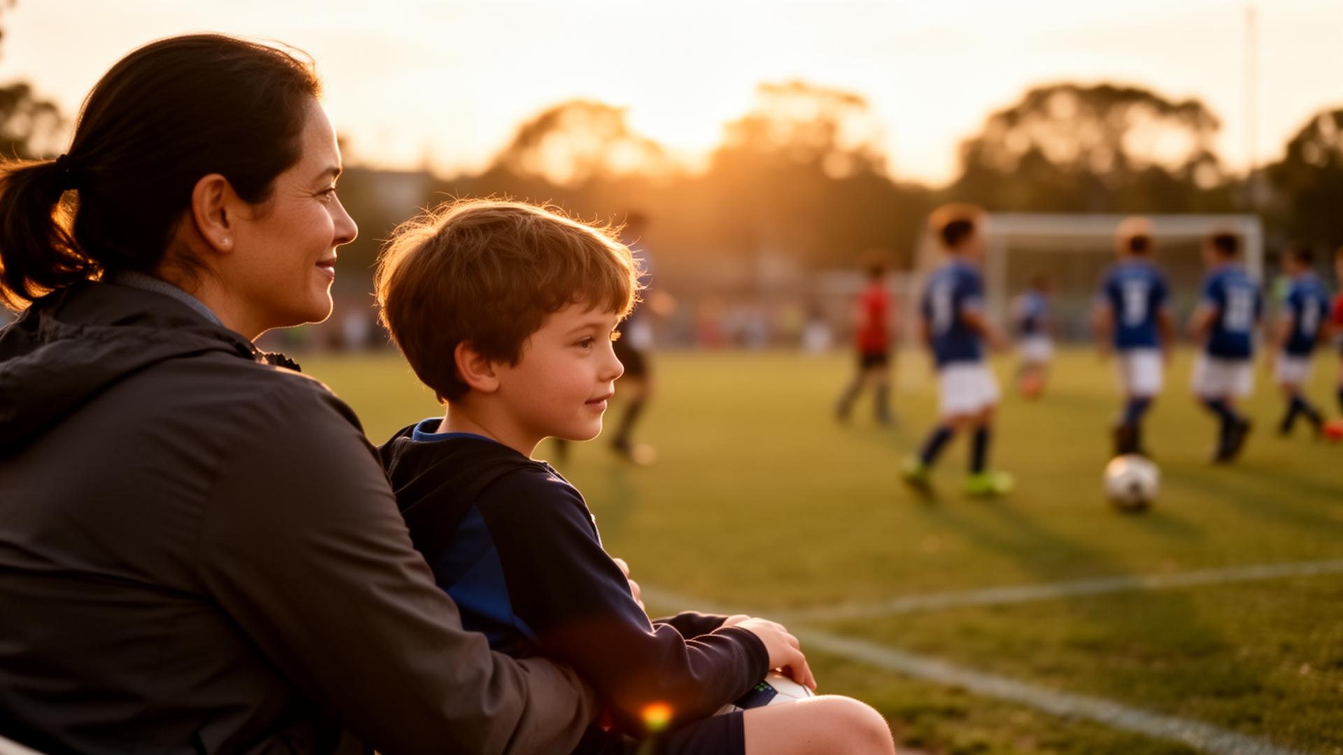 A parent watching their child play sports at sunset